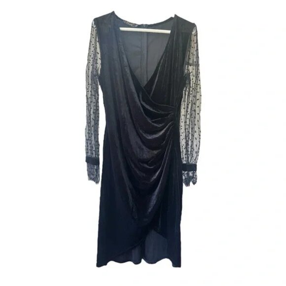 Elegant Black Velvet Faux Dress with Sheer Polka Dot Sleeves| Size XL - Picture 2 of 3